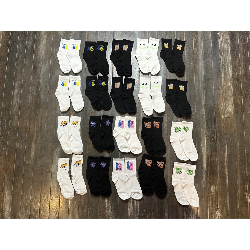 Shein Kids Crew Socks 10 Pair Lot Black White Graphic Print Stretchy